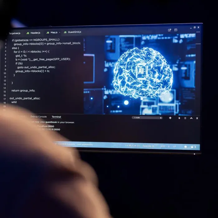 Pantalla con una red neuronal iluminada representando un motor de IA generativa
