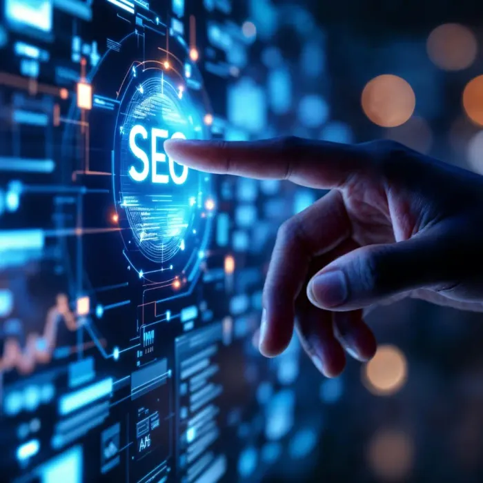 Mano señalando un panel de datos de SEO con métricas y gráficos